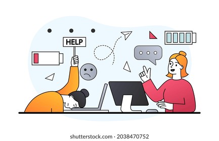 Work efficiency and professional burnout. Comparison of tired employee who asks for help and employee full of energy who performs tasks. Cartoon flat vector illustration isolated on white background