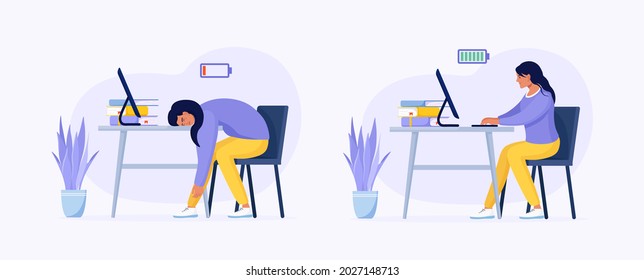 Work efficiency and professional burnout. Productive employee in the office vs exhausted worker. Tired overworked woman and happy, energetic woman with full and low energy battery working on computer