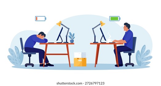 Eficiência no trabalho e esgotamento profissional. Funcionário produtivo no escritório versus trabalhador esgotado. Cansado pessoa sobrecarregada e feliz, empresário energético com bateria de energia cheia e baixa trabalhando no computador