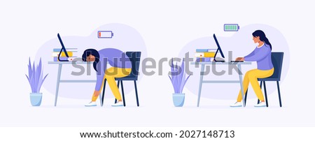 Work efficiency and professional burnout. Productive employee in the office vs exhausted worker. Tired overworked woman and happy, energetic woman with full and low energy battery working on computer