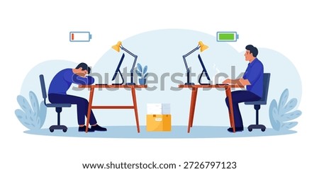 Work efficiency and professional burnout. Productive employee in the office vs exhausted worker. Tired overworked person and happy, energetic businessman with full and low energy battery working on computer