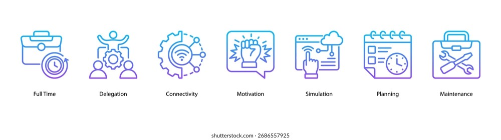 Work Efficiency web banner icon vector illustration featuring Full Time, Delegation, Connectivity, Motivation, Simulation, Planning, and Maintenance.
