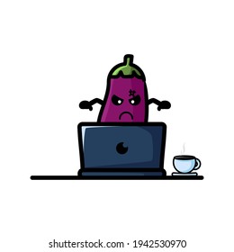 Work Eggplant Cartoon Vector Illustration Mascot. Cute, Outline, And Funny Style Design. Recomended For Vegetable Logo Shop.