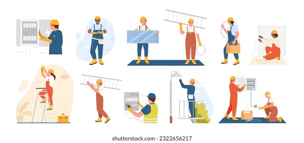 Work of electricians set vector illustration. Cartoon isolated technicians of maintenance and repair service fix electric city system, repairman working with professional devices, cables, solar panel