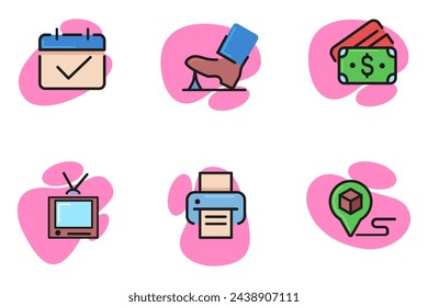 Work elements line icon set. Calendar with tick, TV set, printer, map pointer with box, dollar banknotes. Can be used for topics like business, logistics, profit, technology