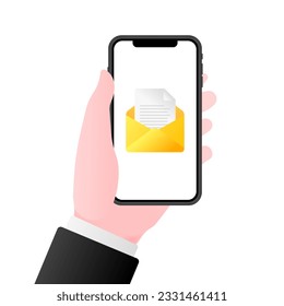 Work email. Flat, color, messenger on iPhone, rip off the attached document. Vector illustration.