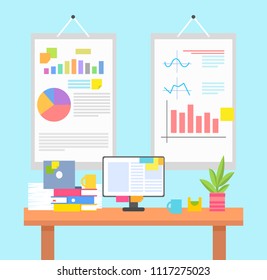 Work environment with graphics or chart on walls. Wooden table, computer screen, indoor plant, pile of folders and documents vector illustration.