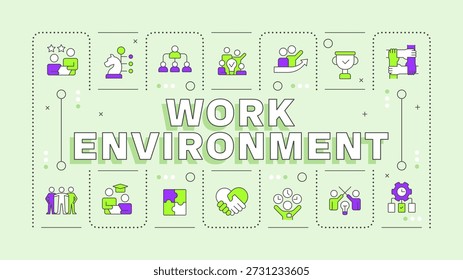 Work environment green word concept. Team leadership, employee wellbeing. Productive workplace. Typography banner. Vector illustration with title text, editable icons color