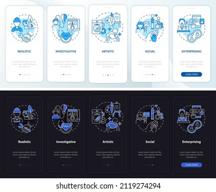 Work environment kinds night and day mode onboarding mobile app screen. Walkthrough 5 steps graphic instructions pages with linear concepts. UI, UX, GUI template. Myriad Pro-Bold, Regular fonts used