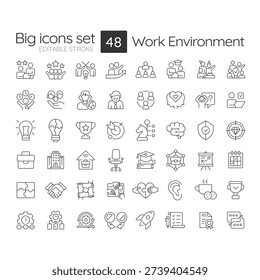 Work environment line icons set. Team leadership, career development. Human resources, goal achievement. Isolated vector outline illustrations. Thin lineart iconset symbols. Editable stroke