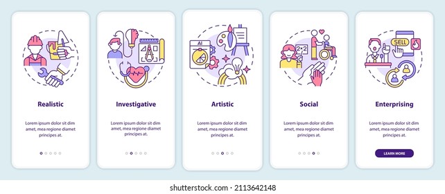 Work environments types onboarding mobile app screen. Artistic and social walkthrough 5 steps graphic instructions pages with linear concepts. UI, UX, GUI template. Myriad Pro-Bold, Regular fonts used