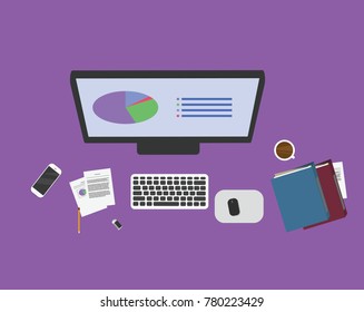 Work equipment vector. Desktop and keyboard, phone, papers, files, pencil, coffee cup with purple background.