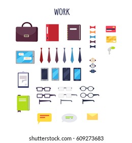Work equipment vector illustration. Leather briefcase, colorful notebooks, modern devices, set of ties and bowties, arm watches, elegant spectacles, payment cards, office keys and chat icons.
