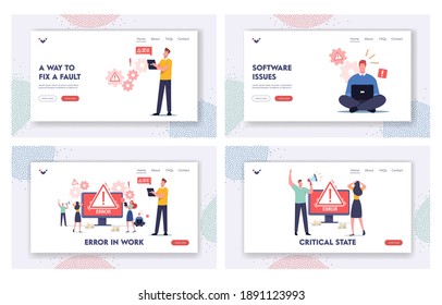 Work Error Landing Page Template Set. Tiny Male and Female Characters Hold Gadgets. Website 404 Page Not Found, Broken Internet Connection Site Under Construction. Cartoon People Vector Illustration