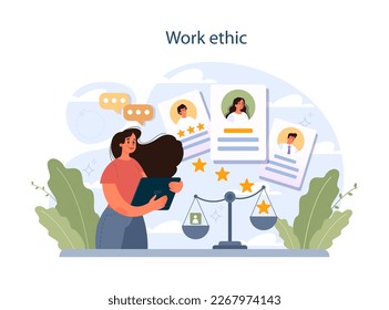 Ética laboral. Gestión de recursos humanos de habilidades técnicas. Competencias del agente de recursos humanos y ética profesional. Regulación de la contratación de empleo, orientación y política de gestión del personal. Ilustración vectorial plana