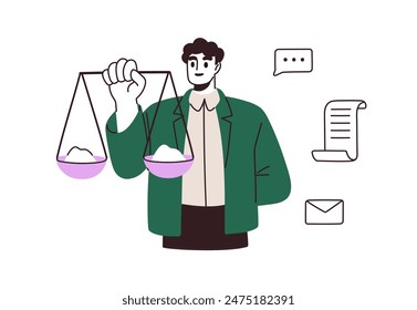 Work ethics compliance. Professional ethical principles concept. Justice, corporate rules, policy. Business man comparing, analyzing with scales. Flat vector illustration isolated on white background