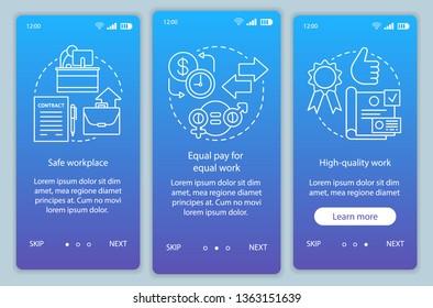 Work ethics onboarding mobile app page screen vector template. Safe workplace, equal pay for work. Walkthrough website steps with linear illustrations. UX, UI, GUI smartphone interface concept