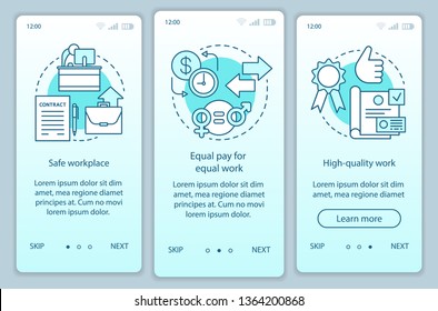 Work ethics onboarding mobile app page screen vector template. Safe workplace, equal pay for work. Walkthrough website steps with linear illustrations. UX, UI, GUI smartphone interface concept