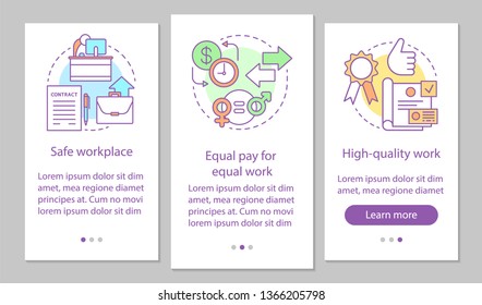Work ethics onboarding mobile app page screen vector template. Safe workplace, equal pay for work. Walkthrough website steps with linear illustrations. UX, UI, GUI smartphone interface concept