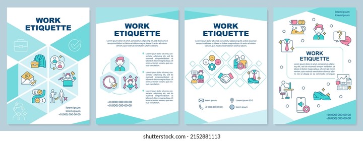 Work etiquette brochure template. Workplace ethical code. Leaflet design with linear icons. 4 vector layouts for presentation, annual reports. Arial-Black, Myriad Pro-Regular fonts used