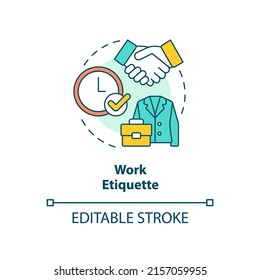 Work etiquette concept icon. Rules and ethical code. Type of etiquette abstract idea thin line illustration. Isolated outline drawing. Editable stroke. Arial, Myriad Pro-Bold fonts used