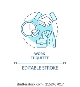 Work etiquette turquoise concept icon. Rules and ethical code. Type of etiquette abstract idea thin line illustration. Isolated outline drawing. Editable stroke. Arial, Myriad Pro-Bold fonts used