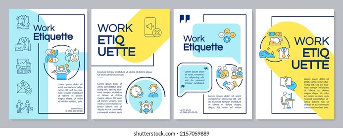 Work etiquette yellow and blue brochure template. Workplace ethical code. Leaflet design with linear icons. 4 vector layouts for presentation, annual reports. Questrial, Lato-Regular fonts used