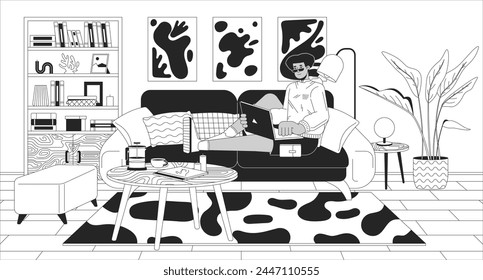 Trabajar en todas partes ilustración de línea en blanco y negro. Espacio de trabajo acogedor. Hombre hispano con el ordenador portátil acostado en el sofá 2D personaje de fondo monocromo. Beneficios de la oficina en casa resumen escena Imagen de Vector