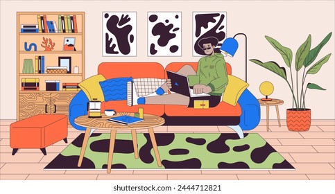 Arbeite überall Cartoon flache Illustration. Gemütlicher Arbeitsplatz. Hispanischer Mann mit Laptop auf Sofa liegend 2D-Linie Charakter bunter Hintergrund. Homeoffice-Vorteile Szenenentwicklung Vektorgrafik Storytelling Bild