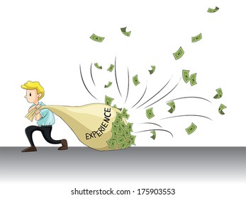 Work experience attract cash. A man is dragging his experience bag and cash fly to it, create by vector