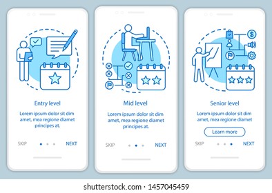Work experience blue onboarding mobile app page screen with linear concepts. Entry, mid, senior level walkthrough steps graphic instructions. UX, UI, GUI vector template with illustrations
