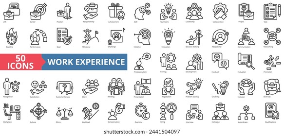 Conjunto de colección de iconos de experiencia laboral. Conteniendo trabajo, carrera, posición, responsabilidad, logro, habilidad, icono de trabajo en equipo. Vector de línea simple.