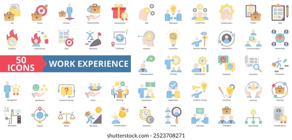 Conjunto de colección de iconos de experiencia laboral. Contiene trabajo, carrera, puesto, responsabilidad, logro, habilidad, icono de trabajo en equipo. Ilustración de color plano simple.