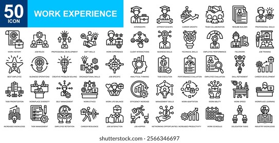 Work Experience icon collection set. Work skill, portofolio, Smart Work, time management, productivity icon. Simple line vector.