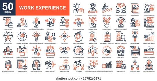 Work Experience icon collection set. Work skill, portofolio, Smart Work, time management, productivity icon. Simple line color vector.