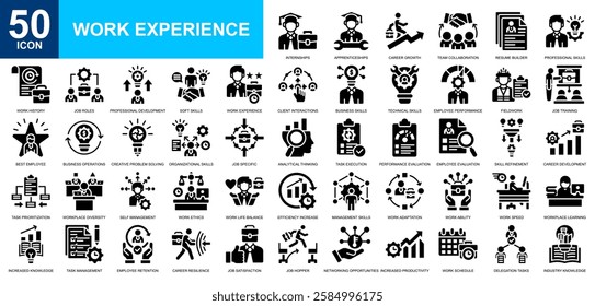 Work Experience icon collection set. Work skill, portofolio, Smart Work, time management, productivity icon. Simple glyph vector.