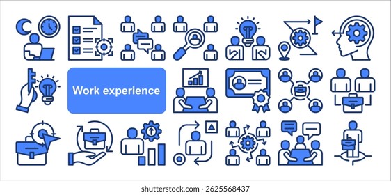 Work experience icon collection set. Overtime, Team communication, Job target, Job position, Problem solving, Simple line vector.