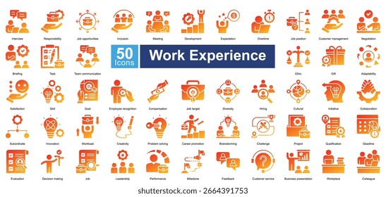 Conjunto de ícones de Experiência Profissional contendo 50 ícones incluindo, entrevista, responsabilidade, oportunidades de emprego, inclusão, reunião, desenvolvimento, expectativa, hora extra, cargo, vetores simples.