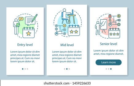 Work experience onboarding mobile app page screen with linear concepts. Position, status. Entry, mid, senior level walkthrough steps graphic instructions. UX, UI, GUI vector template with icons