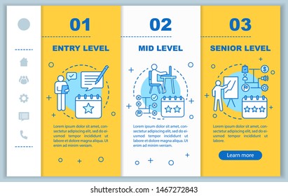 Work experience onboarding mobile web pages vector template. Position, status. Responsive smartphone website interface idea with linear illustrations. Webpage walkthrough step screens. Color concept 