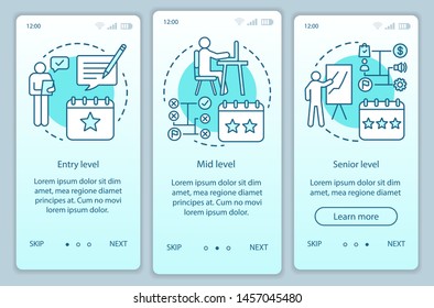 Work experience turquoise onboarding mobile app page screen vector template. Entry, mid, senior level. Walkthrough website steps with linear illustrations. UX, UI, GUI smartphone interface concept