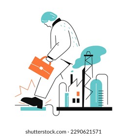 Work in a factory - colorful flat design style illustration with linear elements. Orange and light blue picture with man holding suitcase and leaving the plant. Production and industrialization idea