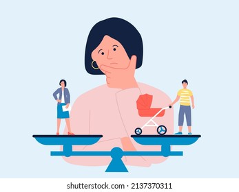 Work or family. Balance career and life, girl thinks and finds equity. Businesswoman and female with baby in carriage stand on scales, recent vector concept