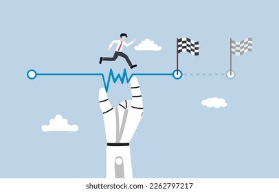 Trabajar más rápido con ayuda de la tecnología de IA, automatizar tareas repetitivas, analizar datos más rápidamente, aumentar el concepto de capacidad humana, mano robótica ayudando a acortar la distancia para alcanzar la línea de meta.