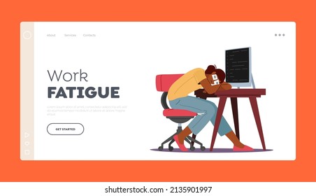 Work Fatigue Landing Page Template. Exhausted Office Worker Burnout, Overwork and Depression Concept. Tired Overload Businesswoman Sleeping on Office Desk with Drawn Eyes. Cartoon Vector Illustration