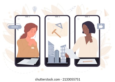 Work Of Female Architect On Architecture Project On Screens Of Mobile Phones Vector Illustration. Cartoon Blueprint With Pencil And Ruler On Table Of Engineer, Top View, Small Office Building Model