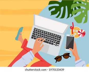 Work in café. Female freelancer is sitting in modern  café at the table with take away summer drink, laptop, sun glasses and mobile phone in hand. Vector illustration. Remote work concept