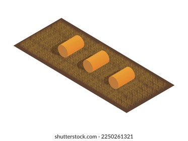 Work in field isometric. Stacks of wheat and harvest. Food for horses, pigs and cows. Nature and floristry, botany. Village landscape. Farming and agriculture. Cartoon 3D vector illustration