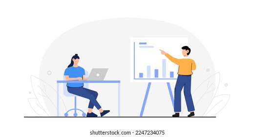 work flat design. flat design data analysis concept. A people working together with a statistic graph on a whiteboard. vector illustration.