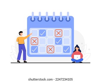 work flat design. time management concept. business data analysis. two people working together with a big calendar. vector illustration.